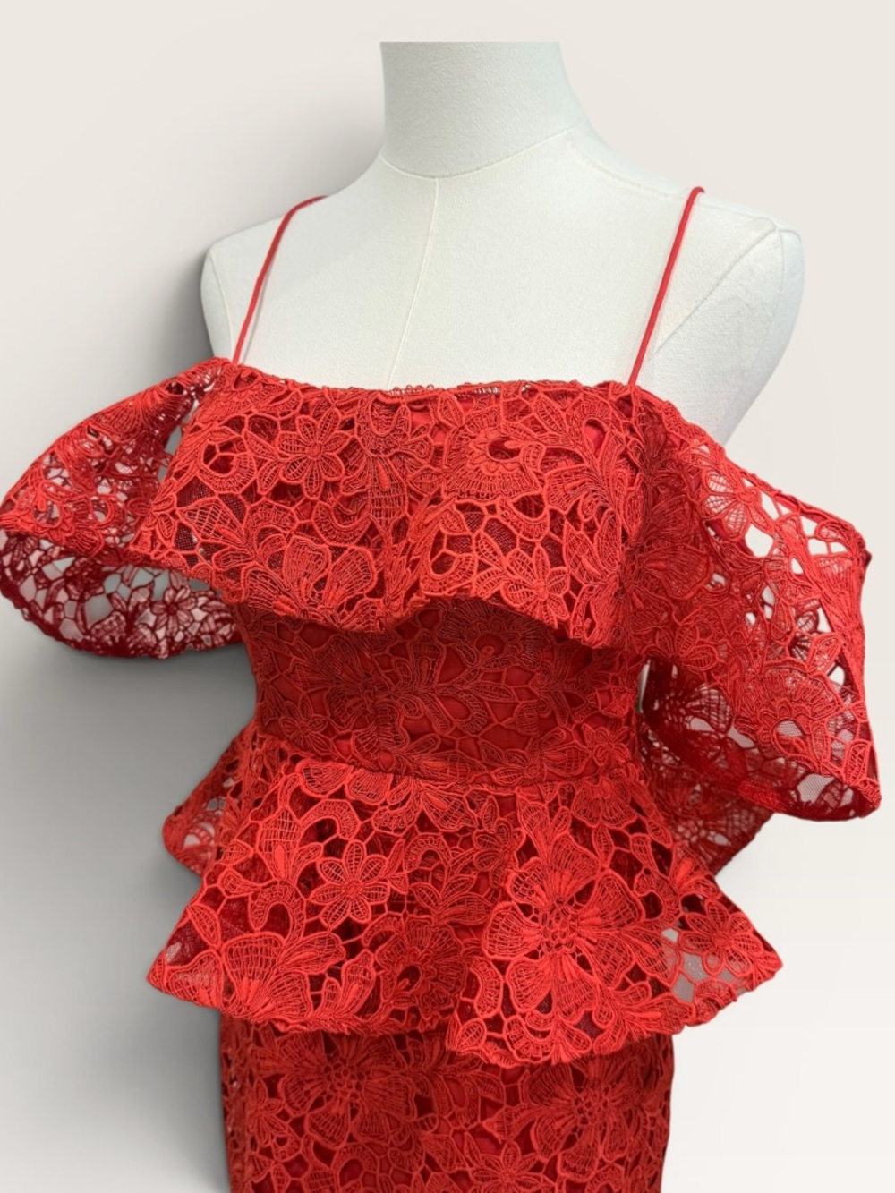 Muse by Marchesa Amaryllis Red Lace Peplum Midi Cocktail Dress Off Shoulder NWT - Picture 8 of 15